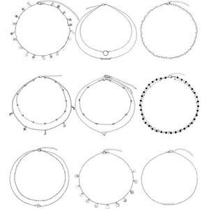 BBTO 9 Pieces Women Girls Sliver Layered Chain Choker Necklace Layered Pendant